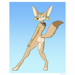 accessory anthro barely_visible_breasts border bracelet breasts butt countershade_butt countershade_legs countershade_thighs countershading digitigrade ear_piercing ear_ring egyptian eyeliner female female_anthro fur gold_(metal) gold_bracelet gold_ear_ring gold_jewelry gold_necklace head_tuft historical jewelry looking_at_viewer looking_back looking_back_at_viewer makeup narrowed_eyes necklace no_irises nude nude_anthro nude_female pawpads piercing pink_pawpads ring_piercing seductive side_boob simple_background slim_female smile solo standing tail tan_body tan_fur tuft usekh white_border scribefang antiw_(scribefang) canid canine fennec_fox fox mammal true_fox 1:1 2026 digital_drawing_(artwork) digital_media_(artwork) hi_res