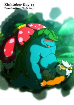 anthro diaper diaper_humping duo larger_sub male male/male size_difference sub_on_top submissive leoniro_the_inklion nintendo pokemon generation_1_pokemon inklion pokemon_(species) venusaur absurd_res hi_res