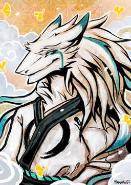 abstract_background anthro asian_clothing biped blue_body blue_eyes blue_fur clothed clothing east_asian_clothing eyelashes eyeshadow fur japanese_clothing kimono looking_at_viewer makeup male markings multicolored_body multicolored_fur pattern_background simple_background smile snout solo white_body white_fur shalinka ral_(ex-exist) sergal hi_res