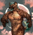 animal_genitalia anthro balls blue_hair blue_pawpads blue_tongue claws fully_sheathed fur genitals hair male markings muscular muscular_anthro muscular_male nipples nude open_mouth pawpads pecs sharp_teeth sheath solo spots spotted_body spotted_fur teeth tongue juiceps juice_(character) gnoll hyena mammal 2022 hi_res