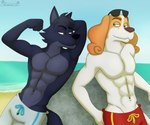 abs anthro beach black_body black_fur black_nose blue_eyes brown_eyes brown_nose cheek_tuft closed_smile clothed clothing day duo eye_contact eyebrows eyewear eyewear_on_head facial_tuft featureless_chest flexing flexing_bicep floppy_ears fur fur_tuft grey_clothing grey_swimming_trunks grey_swimwear hand_behind_head looking_at_another male mouth_closed multicolored_body multicolored_fur muscular muscular_anthro muscular_male narrowed_eyes navel orange_body orange_fur outside raised_eyebrow red_clothing red_swimming_trunks red_swimwear rock sand sea sky smile snout sunglasses sunglasses_on_head swimming_trunks swimwear swimwear_only tail topless topless_anthro topless_male tuft two_tone_body two_tone_fur water white_body white_fur sandblastcoyote belfort_and_lupin belfort_(belfort_and_lupin) lupin_(belfort_and_lupin) bird_dog canid canine canis domestic_dog french_spaniel hunting_dog hybrid mammal spaniel wolfdog 2025 digital_drawing_(artwork) digital_media_(artwork)