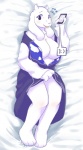 3_toes anthro bed bedding big_breasts biped blanket blush bodily_fluids body_pillow_design boss_monster_(undertale) bovid breasts caprine cellphone chinad011 cleavage clothed clothing dakimakura dakimakura_design digital_media_(artwork) dress electronics emoji emoticon eyelashes feet female fur furniture horn looking_at_viewer lying mammal mature_anthro mature_female on_back open_mouth open_smile phone smile smiling_at_viewer solo sweat toes toriel undertale undertale_(series) undressing white_body white_fur