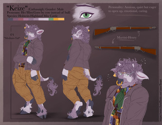 aloha_shirt anthro ascot aviator_glasses black_spots bodily_fluids bottomwear cargo_pants clothed clothing curly_hair ear_piercing ear_ring eyewear facial_piercing fur glasses green_eyes gun hair hooves horn jacket leather leather_clothing leather_jacket leather_topwear male nervous nervous_sweat nose_piercing nose_ring pants pattern_clothing pattern_shirt pattern_topwear piercing purple_body purple_fur ranged_weapon ring_piercing shirt small_horn solo spots sweat text topwear weapon white_spots floart keize_galloway bovid bovine cattle mammal english_text hi_res model_sheet