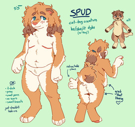 ambiguous_gender anthro belly blue_eyes brown_body brown_fur curled_tail curly_hair featureless_crotch fluffy_butt fur hair long_hair mastectomy_scar multiple_poses pose scar slightly_chubby solo tail text white_belly squishysheepie spud_(squishysheepie) canid canine felid feline hybrid mammal english_text hi_res model_sheet trans_(lore)