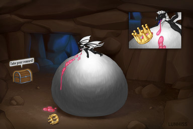 after_vore anthro belly big_belly bloated cave crown detailed_background discarded_object dripping ear_frill frill_(anatomy) glowing headgear horn huge_belly hyper hyper_belly immobile male membrane_(anatomy) membranous_wings multicolored_body paws rock slime_inflation slime_vore solo tail text treasure_chest two_tone_body vore wings lunhiss mythology dragos_(character) dragon mythological_creature mythological_scalie scalie 2025 artist_name digital_drawing_(artwork) digital_media_(artwork) hi_res shaded widescreen