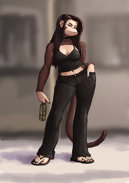 5_fingers 5_toes anthro beverage black_nails bottle bottomwear breasts brown_body brown_fur brown_hair camisole choker cleavage clothed clothing colored_nails container ear_piercing ear_ring feet female fingers footwear fur hair hand_in_pocket holding_beverage holding_bottle holding_container holding_object jewelry long_hair midriff nails navel necklace pants piercing pockets ring_piercing sandals shoes simple_background solo toes redustheriotact natalie_(redustheriotact) haplorhine mammal monkey primate 2023 absurd_res hi_res