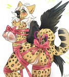 anthro areola biped breasts feathers female fur genitals looking_at_viewer looking_back markings nipples pussy simple_background solo spots spotted_body spotted_fur white_background wings fumonpaw avian bird cheetah felid feline hybrid mammal hi_res