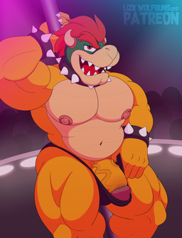 anthro areola barely_contained biceps big_muscles big_penis bracelet clothed clothing collar dancing genitals hair half-closed_eyes horn humanoid_genitalia humanoid_penis jewelry male muscular muscular_anthro muscular_male narrowed_eyes nipples pecs penis pole pole_dancing red_hair skimpy smile solo speedo spiked_bracelet spiked_collar spikes stripper swimwear thick_penis thong underwear wolfbuns mario_bros nintendo bowser koopa scalie 2017 absurd_res hi_res