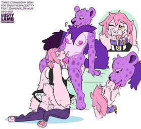 anthro anus backsack balls bed blush bodily_fluids breasts chastity_cage chastity_device clothing collar collar_tag cum cum_on_face cum_on_snout duo eye_contact femboy french_kissing fur furniture genital_fluids genitals gynomorph gynomorph/male hair half-closed_eyes hand_behind_head heart_collar_tag heart_eyes heart_symbol intersex intersex/male kissing leggings legwear looking_at_another looking_down maid_uniform male narrowed_eyes on_bed one_eye_closed oral oral_penetration penetration pink_body pink_fur pink_genitals pink_hair purple_body purple_fur purple_hair saliva saliva_string sitting sitting_on_bed sloppy_kiss snowballing spots text tongue tongue_out tuft uniform yellow_eyes conditional_dnp lustylamb atticus_mura sara_(saraspacekitty) felid lagomorph leporid mammal pantherine rabbit snow_leopard 2021 dated english_text