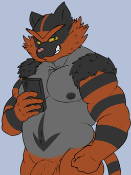 anthro balls electronics erection genitals grin half-closed_eyes holding_object holding_phone looking_at_viewer male narrowed_eyes nipples nude pecs penis phone selfie simple_background smile solo standing camp14 nintendo pokemon generation_7_pokemon incineroar pokemon_(species) 3:4 hi_res