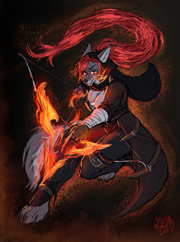 angry anthro archer breasts cleavage clothed clothing corset elemental_manipulation female fire fire_manipulation hair lingerie long_ponytail ponytail red_hair solo topwear deejayskullz canid canine canis mammal wolf absurd_res hi_res