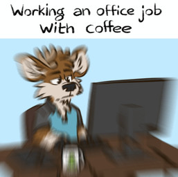 anthro black_clothing black_shirt black_topwear blue_clothing blue_shirt blue_topwear clothing coffee_cup collared_shirt computer_monitor container cup keyboard male motion_blur polo_shirt shirt solo text topwear tinydeerguy darwin_(tinydeerguy) deer mammal english_text hi_res
