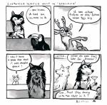 2016 4koma :3 anne_barnetson avian base_two_layout bird black_nose canid canine canis collar comic confusion customer_service_wolf deer dialogue domestic_cat english_text felid feline felis feral four_frame_image grid_layout group hi_res humor irony mammal new_world_deer question_mark reindeer snout solo_focus speech_bubble text traditional_media_(artwork) two_row_layout wolf