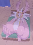 bed big_ears big_hands blush detailed_background featureless_chest female furniture genitals horn inside jewelry looking_at_viewer lying on_back on_bed pussy solo spread_legs spreading kajinchu bandai_namco digimon cherubimon cherubimon_(good) digimon_(species) hi_res