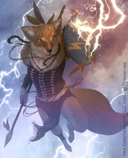 anthro braided_hair brown_body brown_fur electricity facial_markings female fur hair head_markings high-angle_view holding_melee_weapon holding_object holding_polearm holding_shield holding_spear holding_weapon jewelry lightning looking_up loose_feather markings melee_weapon pendant polearm shield solo spear tail weapon xavier_ribeiro hex:_shards_of_fate canid mammal 2016 digital_media_(artwork) hi_res official_art