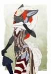 anthro biped clothed clothing crossdressing eyeshadow femboy fingerless_gloves fur gloves grey_body grey_fur hair handwear hat headgear headwear holding_object holding_umbrella legwear makeup male orange_hair solo standing umbrella yellow_eyes oliverfox canid canine fox mammal red_fox silver_fox true_fox digital_media_(artwork)