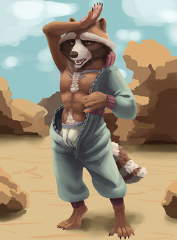 anthro bodily_fluids brown_body brown_fur bulge clothing feet fingers fur half-closed_eyes heat_(temperature) jumpsuit looking_at_viewer male narrowed_eyes open_mouth outside solo standing sweat sweatdrop tail teeth toes underwear zipper zipper_down cashart guardians_of_the_galaxy marvel rocket_raccoon mammal procyonid raccoon digital_media_(artwork) hi_res