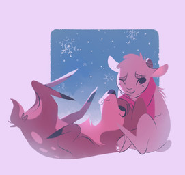 2_horns ambiguous_gender blush blush_lines duo feral fur hair horn lying multicolored_body multicolored_fur on_back quadruped scarf short_hair snow snowflake spots tail tongue tongue_out white_body white_fur itsdanfango ansel_(itsdanfango) olive_(itsdanfango) bovid caprine deer goat mammal 2018 hi_res
