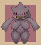 anthro big_breasts black_eyes blush blush_lines breasts eyelashes featureless_breasts featureless_crotch featureless_feet feet female front_view huge_breasts looking_at_viewer navel nipple_outline purple_background short_stack simple_background smile solo tan_background thick_thighs wide_hips zipper zipper_mouth keelpowah nintendo pokemon animate_inanimate banette generation_3_pokemon pokemon_(species) hi_res