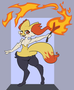 4_fingers ambiguous_anthro ambiguous_gender anthro arm_tuft biped blush blush_stickers butt dipstick_tail eyebrows facial_tuft fangs fingers fire fur glistening glistening_eyes grey_body grey_fur holding_object holding_stick looking_at_viewer markings multicolored_body multicolored_fur nude nude_ambiguous nude_anthro one_eye_closed open_mouth open_smile pupils red_eyes red_nose shoulder_tuft simple_background smile smiling_at_viewer snout solo standing stick tail tail_markings tan_body tan_fur teeth tuft two_tone_tail white_sclera wink winking_at_viewer yellow_body yellow_fur archchrono nintendo pokemon braixen generation_6_pokemon pokemon_(species) 2026 aliasing binary_drawing digital_drawing_(artwork) digital_media_(artwork) flat_colors full-length_portrait hi_res portrait