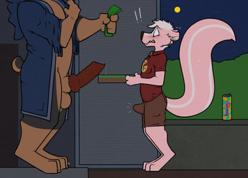 animal_genitalia animal_penis anthro aroused blush bodily_fluids box canine_genitalia canine_penis clothing container delivery_(commerce) delivery_employee dominant dominant_male duo embarrassed food_delivery genital_fluids genitals half_naked holding_money holding_object knot leaking_precum male male/male money offering_money penis pizza_box pizza_delivery precum public robe size_difference submissive submissive_male tenting rotten_robbie loverboy_(drink) duncan_(rotten_robbie) canid canine canis domestic_dog mammal mastiff mephitid molosser rottweiler skunk hi_res