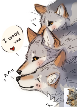 ambiguous_gender black_nose blush comparison daww dialogue ellipsis eyes_closed feral fur grey_body grey_fur group happy heart_symbol humor i_love_you looking_at_another love nuzzling photo simple_background smile text trio flashw canid canine canis mammal wolf 2021 digital_media_(artwork) english_text