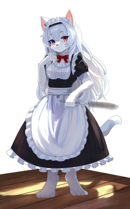 anthro breasts closed_smile clothed clothing dipstick_tail female front_view fully_clothed fur hair heterochromia inner_ear_fluff long_hair looking_at_viewer maid_apron maid_headdress maid_uniform markings mouth_closed simple_background small_breasts smile solo standing tail tail_markings tuft uniform white_background white_body white_fur white_hair kemo_yuki domestic_cat felid feline felis mammal full-length_portrait hi_res portrait