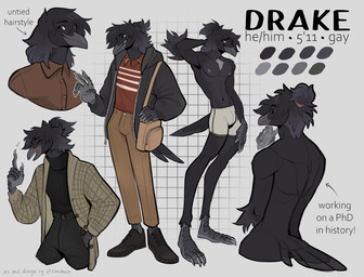 5_fingers 5_toes amber_eyes anthro arm_tuft barefoot beak black_body black_bottomwear black_clothing black_feathers black_hair black_jacket black_pants black_sweater black_topwear bottomwear boxer_briefs boxer_briefs_only brown_clothing brown_footwear brown_shirt brown_shoes brown_topwear bulge chest_tuft clothed clothing coat denim denim_bottomwear denim_clothing elbow_tuft eyebrows feathers feet fingers footwear fully_clothed grey_background hair hand_in_pocket hand_on_leg hand_on_thigh hands_behind_head jacket jeans lean_muscle long_hair male muscle_tone navel nipples non-mammal_nipples open_beak open_mouth pants pattern_clothing pattern_shirt pattern_topwear pockets ponytail pronouns purse red_clothing red_shirt red_topwear scuted_feet scutes shirt shoes simple_background sitting slim slim_anthro slim_male smile solo standing stated_homosexuality stated_sexuality striped_clothing striped_shirt striped_topwear stripes sweater tail tail_feathers tan_bottomwear tan_clothing tan_coat tan_jeans tan_pants tan_topwear text three-quarter_view toes topless topwear tuft underwear underwear_only white_boxer_briefs white_clothing white_shirt white_topwear white_underwear ramahuro drake_(ambrobun) avian bird corvid corvus_(genus) crow oscine passerine absurd_res artist_name english_text hi_res model_sheet