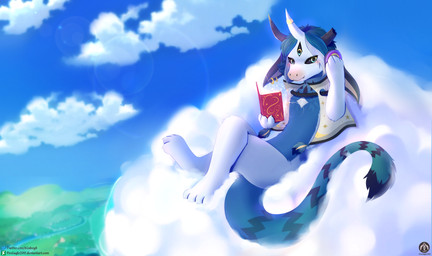 anthro book cape clothing cloud electronics flying grass_field headphones hill looking_at_viewer lying male reading solo senz mythology dragon mythological_creature mythological_scalie scalie absurd_res hi_res