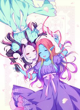 alternative_fashion belly black_body black_hair black_skin blue_body blue_skin blush clothing dress duo eyes_closed female hair hair_bun hand_holding humanoid_pointy_ears j-fashion lolita_(fashion) lying multicolored_hair not_furry pointy_ears rainbow_hair ribbons sweet_lolita white_belly white_body white_hair white_skin hyanna-natsu elf humanoid 2015 hi_res
