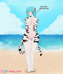 anthro asking asking_viewer bedroom_eyes big_breasts black_stripes blue_hair blush breasts dialogue female fur genitals hair half-closed_eyes narrowed_eyes nipple_piercing nipples nude piercing presenting presenting_breasts presenting_vulva question question_mark seductive smile solo stripes tail talking_to_viewer text vulva white_body white_fur skyearrt see_something_you_like felid mammal pantherine tiger absurd_res digital_media_(artwork) english_text hi_res