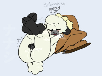 anthro clothing cotton_tail dialogue eyes_closed female fingering fingering_self fur genitals heart_symbol hooves jacket masturbation open_mouth scent_play simple_background sniffing solo steam topwear vaginal vaginal_fingering vulva white_body white_fur minty_lewdness emile_(lupopossum) bovid caprine mammal sheep 2025 4:3 digital_drawing_(artwork) digital_media_(artwork) flat_colors hi_res