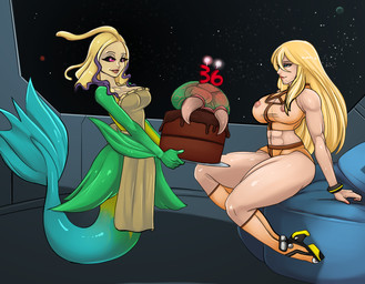 anthro apron birthday birthday_cake cake candy chocolate chocolate_cake clothing crossover_ship dessert duo female female/female food interspecies nipples split_form translucent translucent_clothing eirhjien league_of_legends metroid nintendo riot_games tencent nami_(lol) samus_aran alien aquatic humanoid merfolk metroid_(species) crossover hi_res