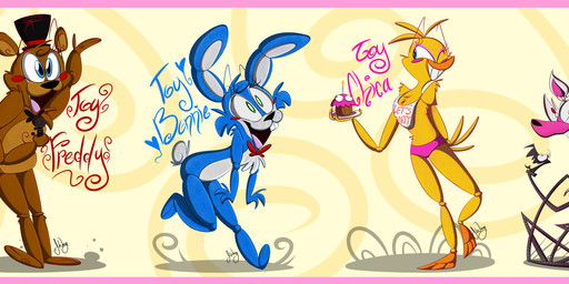 anthro beak bib border group machine male pink_border puppet imajenink_(artist) five_nights_at_freddy's five_nights_at_freddy's_2 scottgames balloon_boy_(fnaf) mangle_(fnaf) marionette_(fnaf) toy_bonnie_(fnaf) toy_chica_(fnaf) toy_freddy_(fnaf) animatronic avian bear bird canid canine chicken fox galliform lagomorph leporid mammal phasianid rabbit robot 2015 absurd_res hi_res long_image wide_image