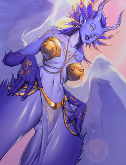 arm_tuft backlighting blue_body blue_fur blue_hair blue_horn blue_vulva clothed clothing ear_piercing ear_ring elbow_tuft empty_eyes female fur genitals hair horn humanoid_pointy_ears leg_tuft light low-angle_view open_mouth piercing pointy_ears ridged_horn ring_piercing simple_background skimpy solo standing teeth tuft unsigned vulva wings shermugi humanoid 2020 hi_res lighting portrait three-quarter_portrait