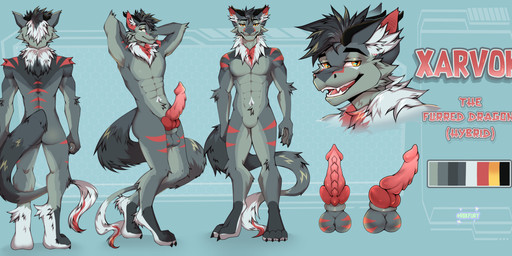 anthro digitigrade fur genitals horn knot knotted_penis male penis presenting presenting_penis solo tapering_penis yellow_eyes yellow_sclera rbkfurry mythology xarvok dragon furred_dragon furred_scalie hybrid mythological_creature mythological_scalie scalie absurd_res hi_res model_sheet