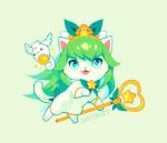 :3 alternate_species blue_eyes dot_eyes duo female feral feralized fur green_body green_fur green_hair hair looking_at_viewer open_mouth pink_tongue staff tongue white_body white_fur justduet league_of_legends riot_games tencent lulu_(lol) star_guardian_lulu domestic_cat felid feline felis mammal low_res