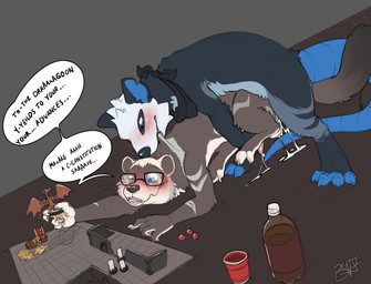 anal anal_penetration anthro blush bodily_fluids cum cum_in_ass cum_inside dialogue duo eyewear genital_fluids genitals glasses kerchief male male/male penetration penis scruffing tail tail_coil tapering_penis ttrpg benji_(artist) dungeons_and_dragons hasbro wizards_of_the_coast cooper_mordaut pavel_(thekoboldking) american_opossum domestic_ferret mammal marsupial mustelid musteline true_musteline virginia_opossum weasel absurd_res hi_res