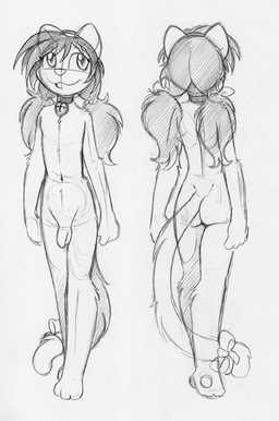 3_toes accessory anthro balls barefoot bell bell_collar biped bow_(feature) bow_accessory bow_ribbon butt collar eyelashes feet femboy flaccid foreskin fur furgonomics genitals hair male nude pawpads penis pigtails rear_view ribbons smile soles solo standing tail tail_accessory tail_bow tail_ribbon toes conditional_dnp jay_naylor mikey_(jay_naylor) domestic_cat felid feline felis mammal guide_lines monochrome sketch traditional_media_(artwork)