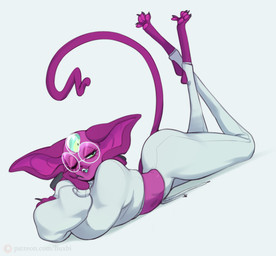 3_eyes 4_toes anthro clothing ear_piercing eyelashes eyewear feet female fingers gauged_ear glasses green_eyes green_tongue hairless hand_on_own_face leggings legwear lying midriff multi_eye on_front one_eye_closed open_mouth pawpads piercing purple_body purple_skin purple_tail solo sweatshirt tail teeth text tight_clothing toes tongue buxbi patreon sammy_(buxbi) domestic_cat felid feline felis hairless_cat mammal sphynx_(cat) 2023 url watermark