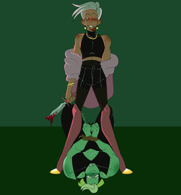 ambiguous_gender bdsm blood blush bodily_fluids bondage boots bound clothing crop_top dagger duo fishnet_clothing fishnet_legwear footwear grin hair hands_tied humanoid_pointy_ears jacket jewelry knife legwear male male/ambiguous melee_weapon necklace not_furry one_eye_closed pointy_ears shirt shoes simple_background smile topwear weapon white_hair helloitsnico-yt drawfee_(copyright) drawtectives gyorik_rogdul rowan_(drawfee) human humanoid mammal crossover digital_media_(artwork) hi_res nonbinary_(lore)