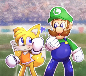 clothed clothing duo male sportswear stadium onechan mario_and_sonic_at_the_olympic_games mario_bros nintendo sega sonic_the_hedgehog_(series) luigi miles_prower canid canine fox human mammal
