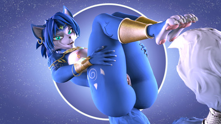 4_toes 5_fingers anklet anthro areola armor big_breasts big_butt blue_body blue_fur blue_hair breasts butt circlet ear_piercing ear_ring feet female fingers fluffy fluffy_tail fur genitals glowing glowing_eyes gold_(metal) gold_jewelry gradient_background hair jewelry looking_at_viewer markings multicolored_body multicolored_fur nipple_piercing nipples nude nude_anthro nude_female pawpads piercing pose presenting presenting_hindquarters presenting_vulva ring_piercing simple_background solo star tail tattoo teal_eyes toes tribal tribal_markings tribal_tattoo vambrace voluptuous_anthro voluptuous_female vulva white_body white_fur thevestige warfaremachine_(modeler) krystal_appreciation_month nintendo star_fox krystal_(star_fox) warfare_krystal canid canine fox mammal 16:9 3d_(artwork) digital_media_(artwork) hi_res pinup source_filmmaker_(artwork) widescreen