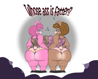 angry anthro big_breasts big_butt bottomwear bottomwear_down breast_squish breasts brown_body brown_hair butt clenched_teeth clothed clothing duo eyewear female glaring glasses hair huge_breasts huge_butt long_ears pants pants_down partially_clothed pink_body pink_hair shirt square_crossover squish staredown tail teeth topwear underwear chunkyoreo lagomorph leporid mammal rabbit hi_res