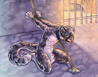 animal_genitalia anthro ball_gag balls bdsm biped bodily_fluids bondage bound collar drooling gag gagged genitals halter harness harness_ball_gag harness_gag kneeling looking_at_viewer male muzzle_(object) muzzled nude penis penis_tip rope saliva sheath solo submissive submissive_male tail ruaidri felid mammal pantherine snow_leopard 2014 character_request