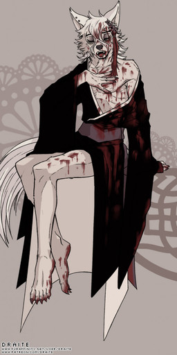 accessory ambiguous_gender anthro asian_clothing barefoot blood blood_on_face blood_on_foot bodily_fluids claws clothed clothing ear_piercing east_asian_clothing fangs feet flower flower_in_hair gore hair hair_accessory hairpin japanese_clothing kimono male partially_clothed piercing plant singing solo teeth teeth_showing toe_claws conditional_dnp draite xviii_(draite) canid canine canis mammal vampire wolf hi_res