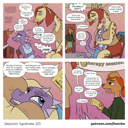 angry anthro between_breasts big_breasts blue_eyes bottomwear breasts breath clothing female fin hair horn hug profanity purple_body red_hair shorts showing_teeth text soovka karat_(soovka) ligia parsley_(soovka) canid canine canis domestic_dog giraffe giraffid kobold mammal scalie 1:1 comic english_text hi_res url