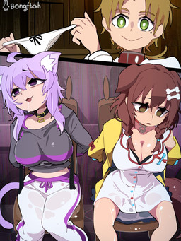 ahoge bdsm big_breasts blonde_hair bodily_fluids bondage bottomwear bound breasts brown_eyes brown_hair captured chair chair_bondage cleavage clothed clothed_female clothed_human clothed_humanoid clothed_male clothing collar drooling empty_eyes female female_humanoid furniture genital_fluids green_eyes group hair high-angle_view holding_clothing holding_object holding_panties holding_underwear inside male male_human omorashi panties pants pink_hair puddle purple_eyes saliva shirt smile sweatpants tied_to_chair topwear trio underwear urine watersports wet wet_bottomwear wet_clothing wet_pants wet_shirt wet_topwear wetting bongftah hololive mushoku_tensei vtuber inugami_korone okayu_nekomata rudeus_greyrat animal_humanoid canid canid_humanoid canine canine_humanoid cat_humanoid dog_humanoid felid felid_humanoid feline feline_humanoid human humanoid mammal mammal_humanoid 3:4 absurd_res comic crossover hi_res