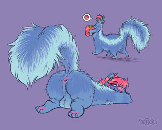 accessory anthro anus balls bedroom_eyes big_tail blush fluffy food fruit fur genitals gynomorph headband intersex narrowed_eyes pawpads paws plant presenting seductive skunk_tail smile snout solo strawberry tail walking keffotin ellie_(keffotin) mammal mephitid skunk taur 2025 5:4 hi_res trans_(lore) trans_woman_(lore)