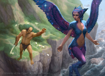 1_eye blue_body blue_feathers bottomwear breasts cliffs clothing detailed_background feathered_wings feathers female feral grass holding_bone loincloth looking_back male navel open_mouth outside plant purple_body purple_feathers water wings james_ryman hasbro magic:_the_gathering wizards_of_the_coast animal_humanoid avian avian_humanoid bovid caprine cyclops humanoid mammal sheep siren official_art
